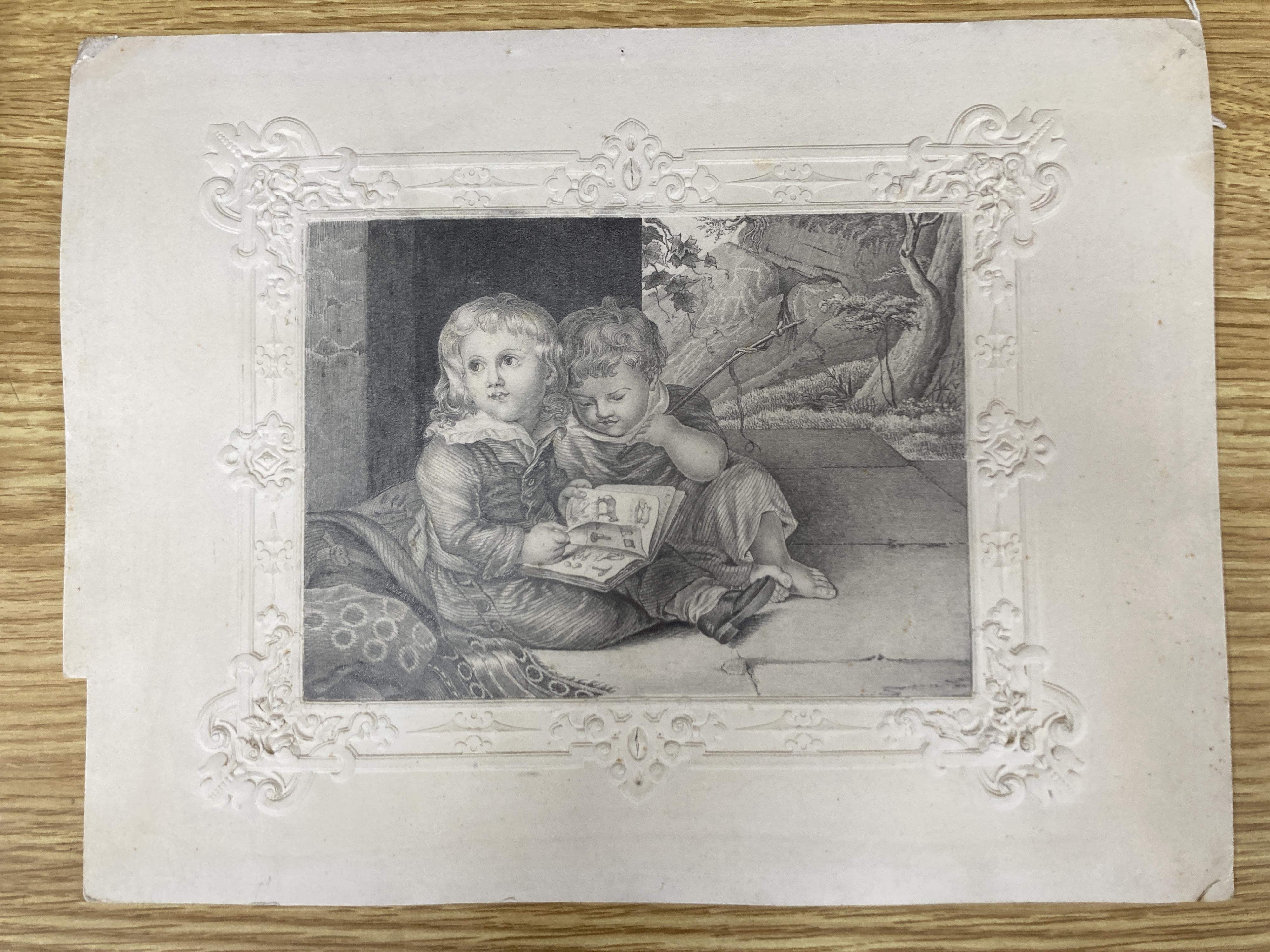 19th century English School, pencil drawing, Study of two children reading a picture book, inscribed verso and dated 1849, 12 x 16cm, unframed